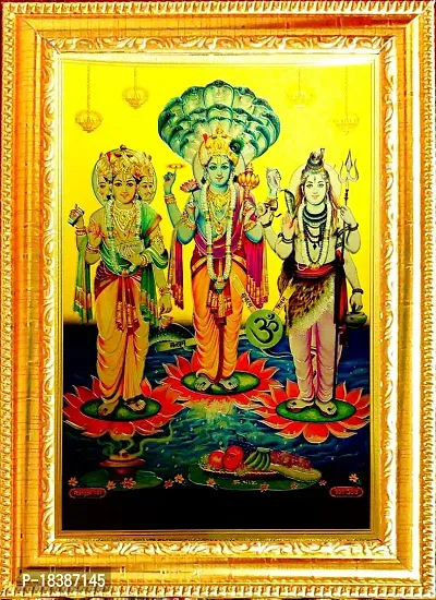 Suninow Golden foil Embossed god Photo Frame | Brahma Vishnu Mahesh Photo Frame (8 x 12) (Brahma Vishnu Mahesh)