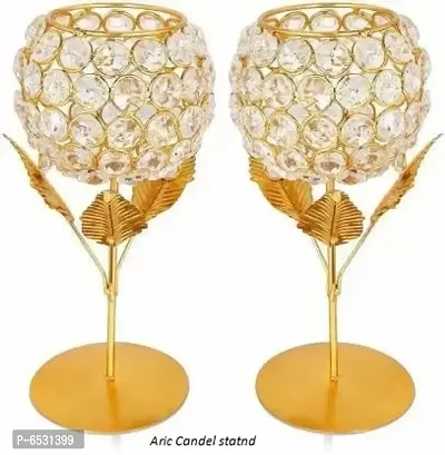 Metal  Crystal Gold Plated Tea Light Candle Holder Stand Votive, Pack of 2-thumb0