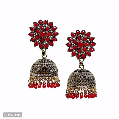 SubhagAlankar Gold Tone Traditional Jhumki Earrings For Women (Red)