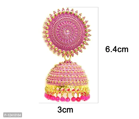 Sirene Shoppers Pink Enamel Traditional Jewellery Earring Wedding Classic Stylish Indian Pearl Moti Ethnic Round Antique Metal Brass Golden Jhumki set Earrings for Women and Girls-thumb2