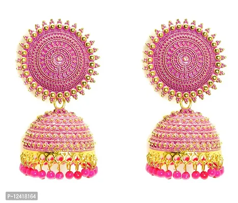 Sirene Shoppers Pink Enamel Traditional Jewellery Earring Wedding Classic Stylish Indian Pearl Moti Ethnic Round Antique Metal Brass Golden Jhumki set Earrings for Women and Girls-thumb0