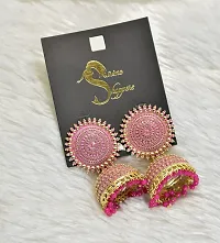 Sirene Shoppers Pink Enamel Traditional Jewellery Earring Wedding Classic Stylish Indian Pearl Moti Ethnic Round Antique Metal Brass Golden Jhumki set Earrings for Women and Girls-thumb4