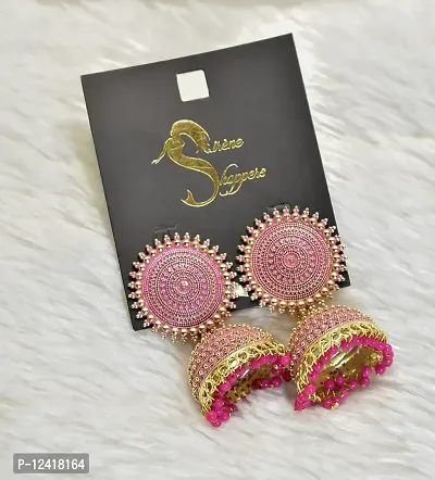 Sirene Shoppers Pink Enamel Traditional Jewellery Earring Wedding Classic Stylish Indian Pearl Moti Ethnic Round Antique Metal Brass Golden Jhumki set Earrings for Women and Girls-thumb5