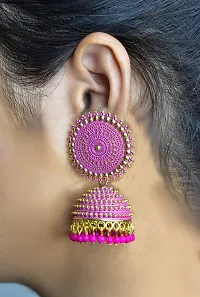 Sirene Shoppers Pink Enamel Traditional Jewellery Earring Wedding Classic Stylish Indian Pearl Moti Ethnic Round Antique Metal Brass Golden Jhumki set Earrings for Women and Girls-thumb3