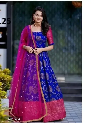 Jacquard Stitched Anarkali Blue Gown-thumb0