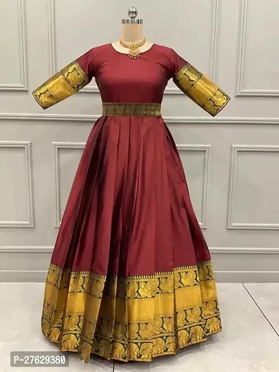Women's Self Design Solid Art Silk Cotton Silk Stitch Flared Anarkali Gown