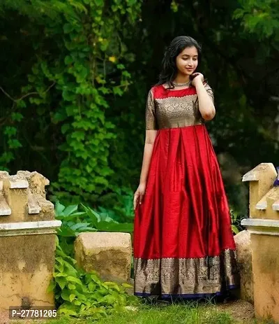 Women's Self Design Solid Art Silk Cotton Silk Stitch Flared Anarkali Gown