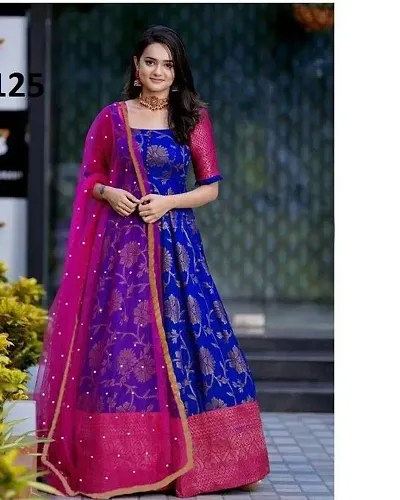 Women's Self Design Solid Art Silk Silk Stitch Flared Anarkali Gown