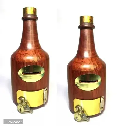 Designer Handcrafted Bottle Shaped Wooden Money Bank with Lock- Pack Of 2-thumb0