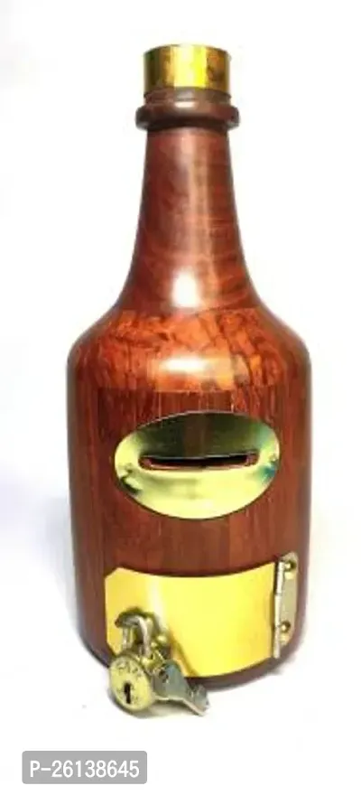 Designer Handcrafted Bottle Shaped Wooden Money Bank with Lock