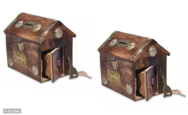 Designer Wooden Hut  Shape Piggy Bank Coin Box With Lock- Pack Of 2-thumb0