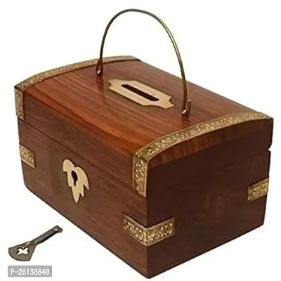 Designer Handicrafts Wooden Money Chest Box with Locking Key