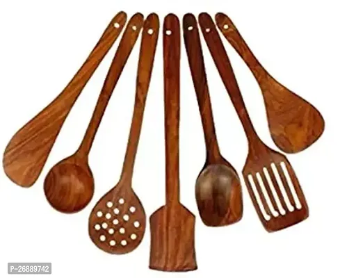 Mek-U Natural Handmade Cooking Spoons, Kitchen Utensils, Frying Spoon Ladles, Serving Spoon and Turning Spatula Spoon Set of 7 | Brown |