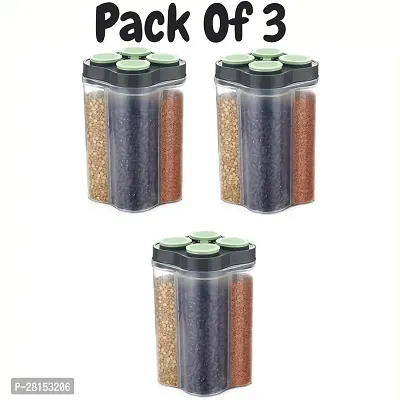 3 Pcs Airtight Transparent Plastic Lock Food Storage 4 Section Container Jar for Grocery, Fridge Container(Green color)