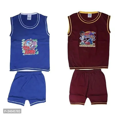 Stylish Multicoloured Cotton Printed Sleeveless T-Shirts with Shorts For Boys Pack Of 2-thumb0