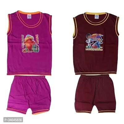 Stylish Multicoloured Cotton Printed Sleeveless T-Shirts with Shorts For Boys Pack Of 2-thumb0