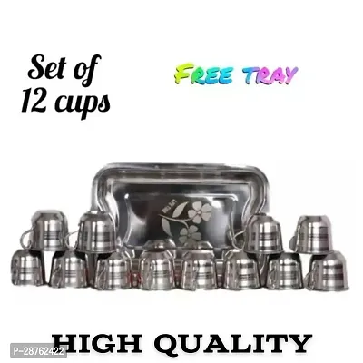 Stainless Steel Tea Cups Set Of 12 Pcs Tea and Coffee Cups, Cold Outside Hot Inside Tea Cups 120Ml With Stainless Steel Serving Tray, Plate, Platter Tray, (Total Pack of 12 Cups  1 Tray) TN-1-thumb0