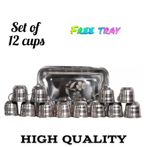 Stainless Steel Tea Cups Set Of 12 Pcs Tea and Coffee Cups, Cold Outside Hot Inside Tea Cups 120Ml With Stainless Steel Serving Tray, Plate, Platter Tray, (Total Pack of 12 Cups  1 Tray) TN-1
