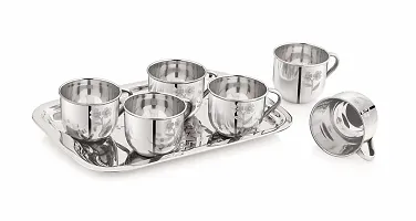 Stainless Steel Tea Cups Set Of 12 Pcs Tea and Coffee Cups, Cold Outside Hot Inside Tea Cups 120Ml With Stainless Steel Serving Tray, Plate, Platter Tray, (Total Pack of 12 Cups  1 Tray) TN-1-thumb1