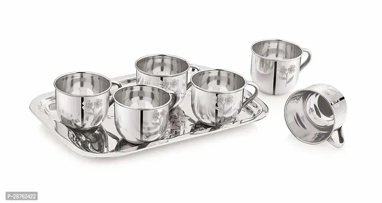 Stainless Steel Tea Cups Set Of 12 Pcs Tea and Coffee Cups, Cold Outside Hot Inside Tea Cups 120Ml With Stainless Steel Serving Tray, Plate, Platter Tray, (Total Pack of 12 Cups  1 Tray) TN-1-thumb2