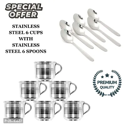 Stainless Steel Tea Cups Set Of 6 Pcs Royal Tea and Coffee Cups, Cold Outside Hot Inside Tea Cups With Stainless Steel Tea Spoon/Coffee Spoon/Sugar Spoon Set of 6pcs, (Total Pack of 12Pcs) TN-6-thumb0