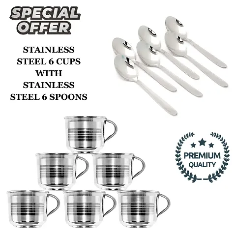 Stainless Steel Tea Cups Set Of 6 Pcs Royal Tea and Coffee Cups, Cold Outside Hot Inside Tea Cups With Stainless Steel Tea Spoon/Coffee Spoon/Sugar Spoon Set of 6pcs, (Total Pack of 12Pcs) TN-6