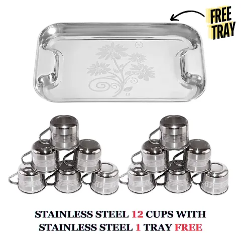 Stainless Steel Tea Cups Set Of 12 Pcs Tea and Coffee Cups, Cold Outside Hot Inside Tea Cups 120Ml With Stainless Steel Serving Tray, Plate, Platter Tray, (Total Pack of 12 Cups  1 Tray) TN-8