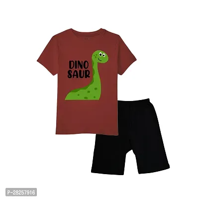 Stylish Cotton Printed Maroon T-Shirt With Black Short For Boys-thumb0