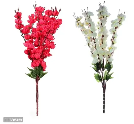 KAYKON Artificial Peach Blossom Flower Bunch Home Decor - Pack of 2 (White Red)