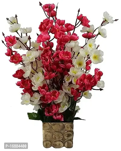 KAYKON Beautiful Artificial Flowers Orchid Flower Bunch with Designer Wooden Pot Flowers for Home Decoration - 16 Sticks (White and Red)-thumb0