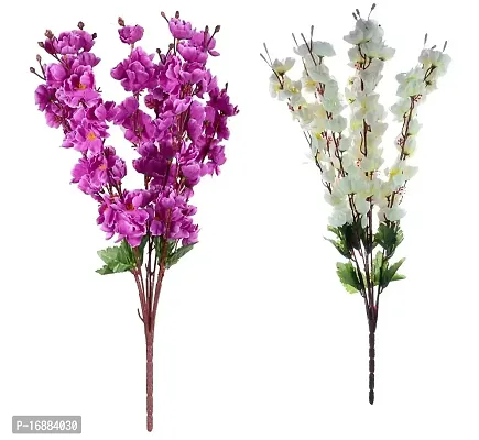 KAYKON Artificial Peach Blossom White Purple Flower Bunch Home Decor 55cm -Pack of 2