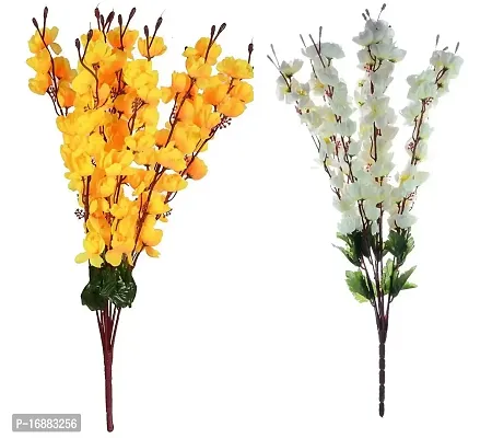 KAYKON Artificial Peach Blossom Flower Bunch Home Decor 55 cm- Pack of 2 (White Yellow)-thumb0