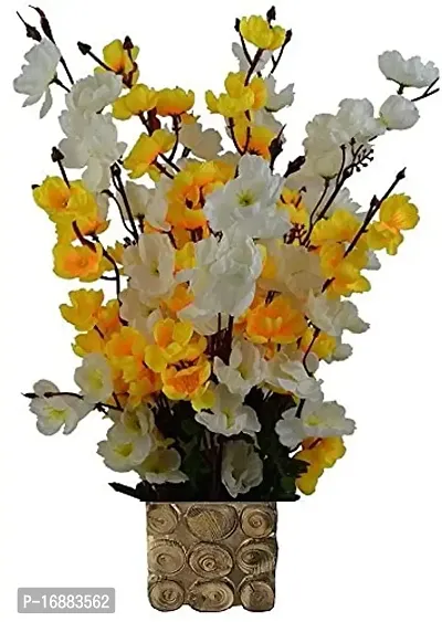 KAYKON Beautiful Artificial Flowers Orchid Flower Bunch with Designer Wooden Pot Flowers for Home Decoration - 16 Sticks (White and Yellow)