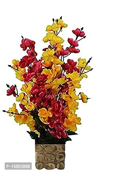 KAYKON Beautiful Artificial Flowers Orchid Flower Bunch with Designer Wooden Pot Flowers for Home Decoration - 16 Sticks (Red and Yellow)-thumb0