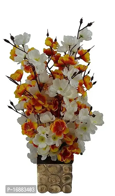 KAYKON Beautiful Artificial Flowers Orchid Flower Plant with Designer Wooden Pot Flowers for Home Decoration - 16 Sticks (White and Golden)