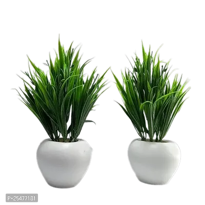 Artificial Bonsai  Grass Plant with Apple Pot _Pack of 2, Green  for  home office decor