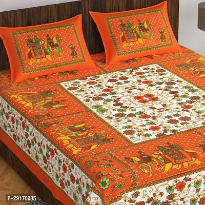 Stylish Polyester Orange Printed Double Bedsheet With 2 Pillowcovers-thumb0