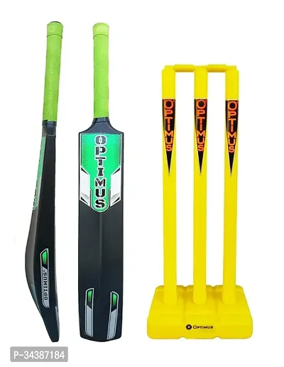 Optimus Cricket Kit Combo Set - 1 Plastic Bat 8 No. - 13 to 14 Yrs Age, 30 Inch Plastic Stump Set 3 Pcs 2 Bails with Base - Green Alpha B