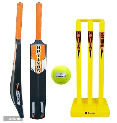 Optimus Cricket Kit Combo Set - 1 Plastic Bat 6 No. - 9 to 10 Yrs Age, 1 Cricket Tennis Ball, 24 Inch Plastic Stump Set 3 Pcs 2 Bails with Base - Orange Alpha B