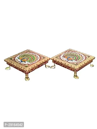 Kailash Enterprises Meenakari Pooja Chowki   Wooden Bajot - Set of 2  6 x 6 Inch Golden  - for Pooja, Home Decor and Festivals