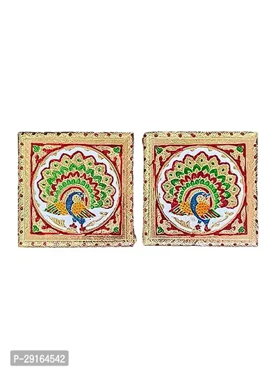 Kailash Enterprises Meenakari Pooja Chowki   Wooden Bajot - Set of 2  6 x 6 Inch Golden  - for Pooja, Home Decor and Festivals-thumb3