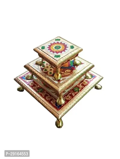 Kailash Enterprises Minakari Pooja Chowki   Wooden Bajot - Set of 4  4 Inch, 6 Inch, 8 Inch and 10 Inch Golden  - for Pooja, Home Decor and Festivals