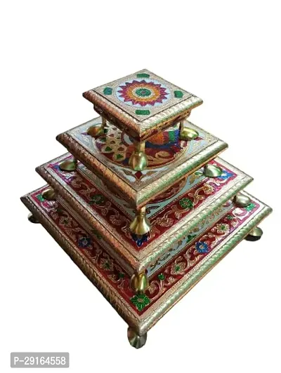 Kailash Enterprises Minakari Pooja Chowki   Wooden Bajot - Set of 3  4 Inch, 6 Inchand 8 Inch Golden  - for Pooja, Home Decor and Festivals