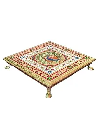 Kailash Enterprises Minakari Pooja Chowki   Wooden Bajot -  10 x 10 Inch Golden  - for Pooja, Home Decor and Festivals  Pack of 1-thumb1