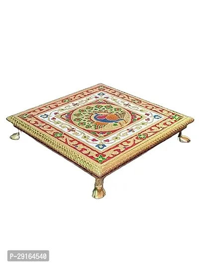 Kailash Enterprises Minakari Pooja Chowki   Wooden Bajot -  10 x 10 Inch Golden  - for Pooja, Home Decor and Festivals  Pack of 1-thumb2