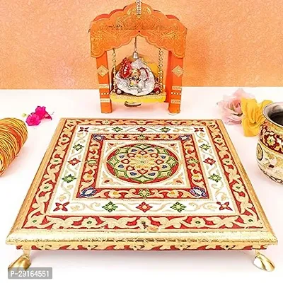 Kailash Enterprises Rajasthani Wooden Minakari Chowki Bajot for God Idols   12 x 12 inches  Suitable for Pooja, Home Decor, Gift Item,Diwali, Festivals