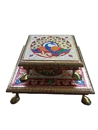 Kailash Enterprises Minakari Pooja Chowki   Wooden Bajot - Set of 2  6 Inchand 8 Inch Golden  - for Pooja, Home Decor and Festivals-thumb1