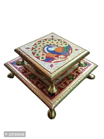 Kailash Enterprises Minakari Pooja Chowki   Wooden Bajot - Set of 2  6 Inchand 8 Inch Golden  - for Pooja, Home Decor and Festivals