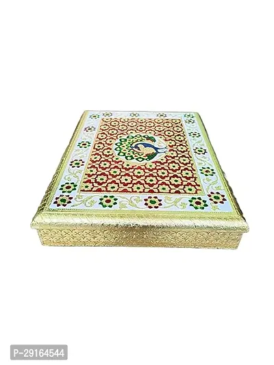 Kailash Enterprises Handicrafts puja bajot Silver chowki bajot for Pooja paata for god bhagwan Asan puja choki Wooden patla in Peacock Design-38 x 25 x 5 cm-thumb3