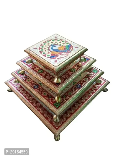 Kailash Enterprises Minakari Pooja Chowki   Wooden Bajot - Set of 4  6 Inch, 8 Inch, 10 Inch and 12 Inch Golden  - for Pooja, Home Decor and Festivals